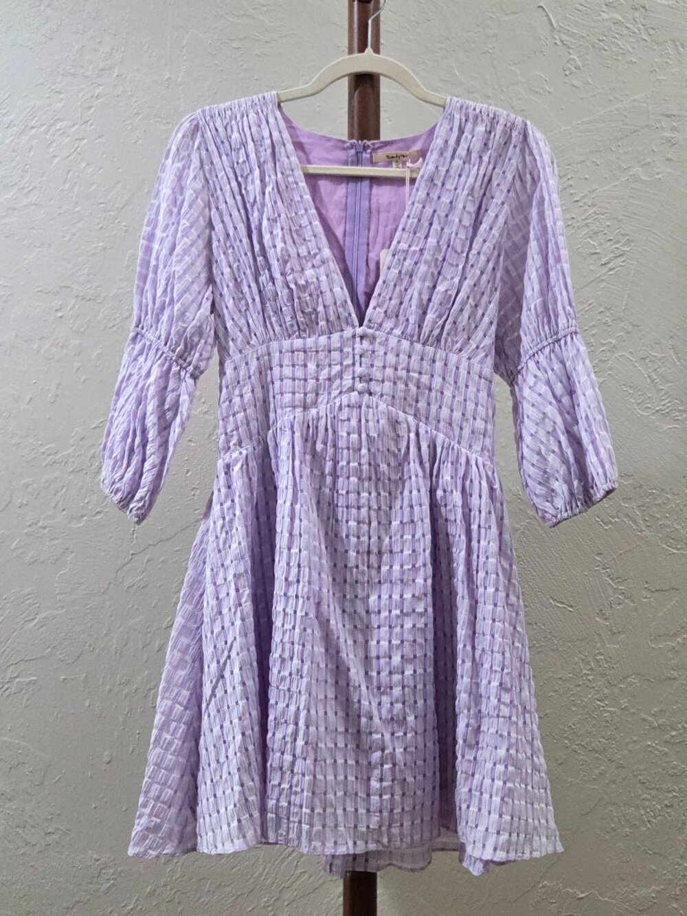 Women's Textured Gingham Mini V-neckline Dress‎